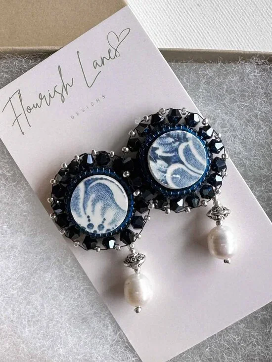 Upcycled Ceramic Pearl Dangle Earrings Blue Statement Studs - Picture 6 of 12